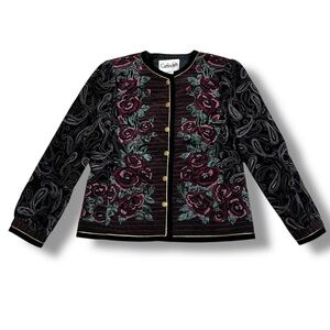 Vintage Garfinckels Velvet Blazer Jacket Floral Print Cropped Japan Size Large